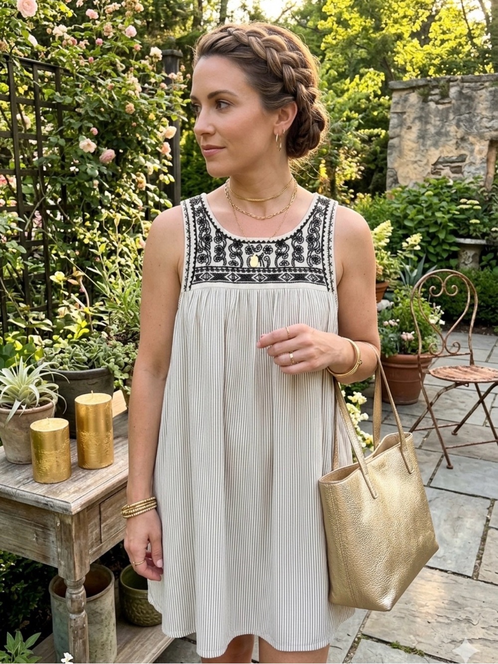 Boho Embroidered Cream Sleeveless Dress